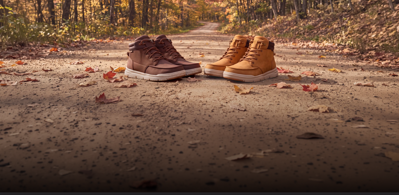 Twee paar HEYDUDE Easy Boots Bradley in bruin en cognac op een bospad in de herfst